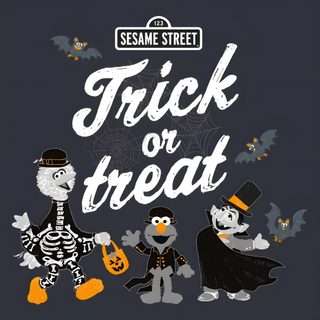 trick or treat poster with three cartoon characters dressed up as witches and skeletons on a dark background Sesame Street Halloween Sesame Street Trick Or Treat On Sesame Street, Sesame Street Halloween Clipart, Ernie Halloween, dark slate gray