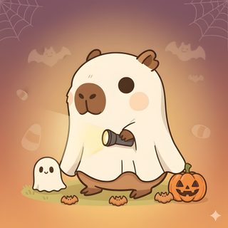 a cartoon bear with a flashlight in its mouth next to a halloween pumpkin and ghost Cute Capybara Halloween Cute Capybara Halloween, Capybara Halloween, Halloween Cute Capybara Cartoon, dark salmon