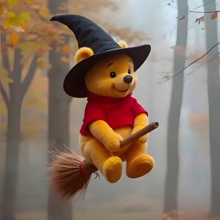 a teddy bear dressed as a witch flying through the air with a broom in his hand Halloween Winnie The Pooh Rose Park, Uma Thurman Poison Ivy, Pooh Bear, Halloween Town, Candy Corn, dim gray