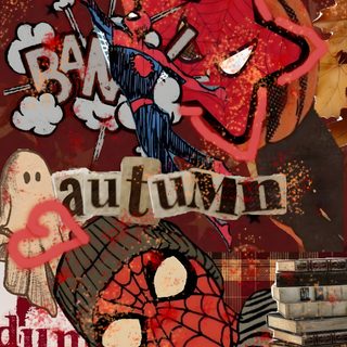 a collage of various images with words and pictures on them, including an image of a spiderman Halloween Spiderman saddle brown