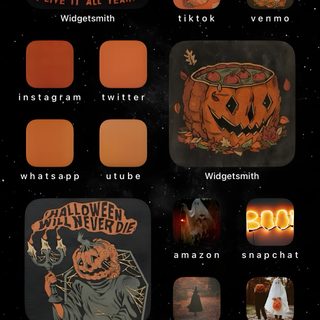 an image of halloween stickers on the screen Halloween Ideas Ios 16 Halloween Layout, Halloween Cute, Custom Ipad, Iphone Ios, Iphone App Layout, black