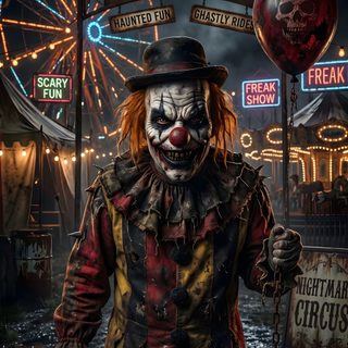a creepy clown standing in front of carnival sign Clown Halloween Killer Klowns From Outer Space, Creepy Clown, Halloween Horror Nights, Funny, black