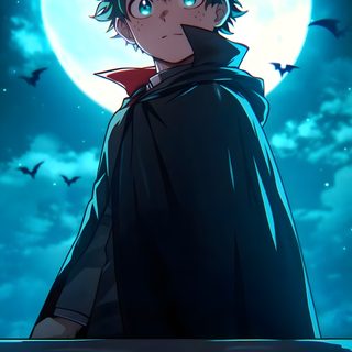 an anime character standing in front of a full moon with bats flying around him and looking at the camera Izuku Midoriya Izuku Midoriya Halloween Izuku Midoriya 4k, Midoriya 4k, Midoriya Izuku 4k, dark slate gray