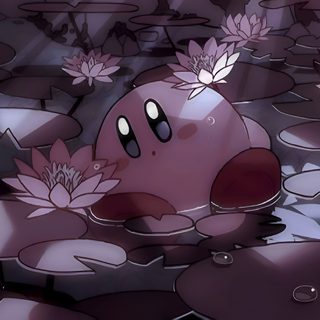 a cartoon character floating in the water surrounded by lily pads and pink lilies with one eye open Kirby Halloween 4k Flare For Laptop, Kawaii Anime Laptop, Cute Aesthetic Pink For Ipad, dark slate gray