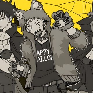 some anime characters are dressed up for halloween Jujustu Kaisen Halloween 1920x1080 Megumi Halloween, Nobara Halloween, Halloween Jujutsu Kaisen, dark olive green