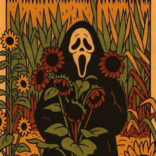 a painting of a person with sunflowers in the foreground and an orange background 70s Halloween Ghost Face Posters, Halloween Movie Poster Art, Vintage Halloween Iphone, saddle brown