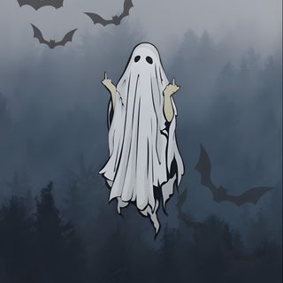 a group of bats flying in the sky over a forest with a ghost on it Spooky Halloween Ghost Halloween Iphone, Edgy, Halloween Iphone Backgrounds, dark slate gray