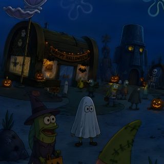 two cartoon characters dressed as witches and ghostes standing in front of a halloween shop Spongebob Squarepants Halloween dark slate gray
