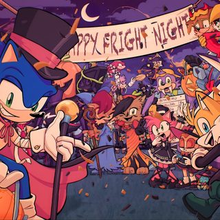 cartoon characters in front of a banner that says happy halloween night with an image of cats and Sonic The Hedgehog Halloween Halloween Sonic, Sonic Halloween, Sonic And Shadow Halloween, dim gray
