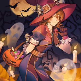 a woman in a witch costume holding a pumpkin and wearing a hat with cats on it Overwatch Halloween Witch Kiriko Skin, Overwatch Kiriko Witch Skin, Witch Kiriko, dark olive green