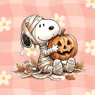 a cartoon dog holding a pumpkin in its paws Pink Snoopy Halloween peach puff