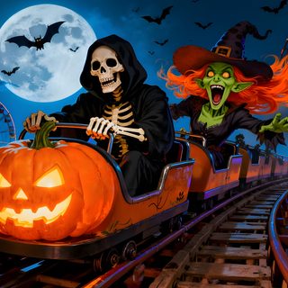 two people riding on a train decorated with halloween pumpkins and jack - o'- lanterns Halloween Roller Coaster dark slate gray