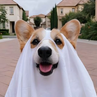a dog is dressed up as a ghost Corgi Halloween Diy Halloween Costume, Kinds Of Dogs, Dog Halloween Costumes, Dog Memes, light steel blue