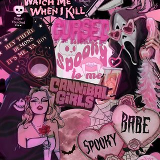 a bunch of stickers that are on top of each other in pink and black Pink Halloween Collage Halloween Iphone Backgrounds, Trippy Iphone, Halloween Backgrounds, dim gray