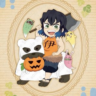 an anime character is holding two pumpkins and a cat in front of her face Inosuke Halloween Demon Slayer Christmas Inosuke, Halloween Inosuke, Inosuke Halloween Pfp, wheat