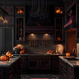 a kitchen filled with lots of dark colored cabinets and counter tops covered in pumpkins Halloween Kitchen black