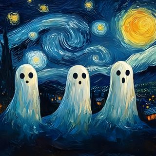 three ghostly ghostes in front of a starry night Van Gogh Starry Night Halloween dark slate gray