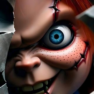 a close up of an evil looking doll with blue eyes and orange hair, breaking through a hole in the paper Halloween Scary Chucky Horror Movie Tattoos, Kodak Black, Chucky Horror Movie, Movie Tattoos, dark slate gray