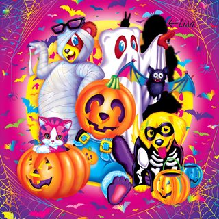 a group of cartoon characters with pumpkins and ghost's on halloween night in front of a purple background Lisa Frank Halloween Lisa Frank Photos, Lisa Frank Black Cat, Lisa Frank Genie, pale violet red
