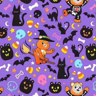 halloween themed wallpaper with cats, bats and skulls Aesthetic Halloween Care Bear Scare Bears, Care Bear Fall, Carebear Halloween, medium purple