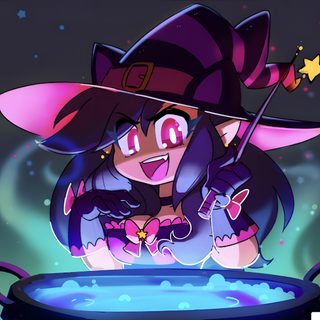 a cartoon witch is standing in front of a pot with water and stars on it Halloween Aphmau midnight blue