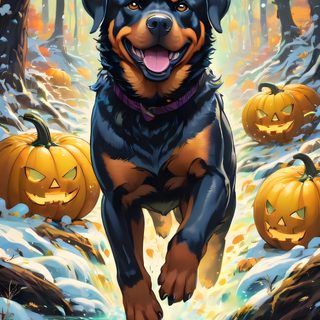 a painting of a dog running in the snow with pumpkins around him and two jack - o'- lanterns behind it Halloween Rottweiler Rottweiler Fall Scenery, Halloween Rottweiler Art, Rottweiler Autumn Scenery, dim gray