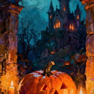 a painting of a pumpkin in front of a castle Halloween Art dark slate gray
