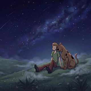 a man sitting on top of a hill next to a dog under a sky filled with stars Scooby Doo Halloween 1920x1080 Laptop, Pc, Ipad, Animated Characters, Iphone Background, dark slate gray
