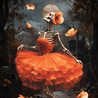 a painting of a skeleton in an orange dress with flowers around her and pumpkins on the ground Halloween Ballerina Dancing Skeleton, Spooky Scary Skeletons Dance, Halloween Ballerina, dark slate gray
