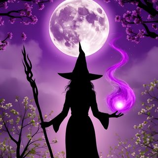 a witch holding a staff in front of a full moon with trees and flowers all around Halloween Purple Witch Witchy Images, Purple Witchy, Witch, Fairy Pictures, Witchy, Vibes Art, indigo