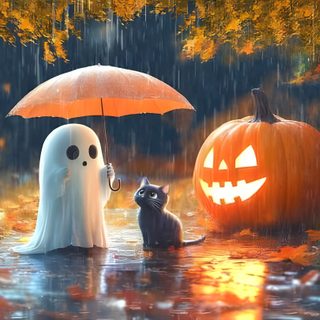 two halloween pumpkins with ghost faces and one cat under an umbrella in the rain Halloween Desktop Dual Screen Halloween Desktop Pictures, Animated Halloween Desktop, Halloween Rain, dim gray