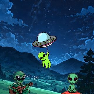two alien playing guitar in the grass under a full moon sky with mountains and trees Alien Halloween Cute Alien, Neon, dark slate gray