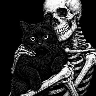 a cat sitting on top of a skeleton holding it's head in its paws Kitty Skeleton Halloween Cats Aztec Tattoo Designs, Combat Art, Skeleton Art, Skull, Edgy, Cat, black