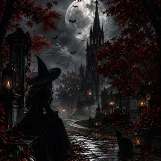 a witch sitting on a bench in front of a castle at night with bats and pumpkins Gothic Halloween Witch black