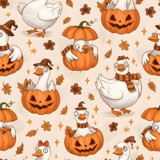 ducks and pumpkins on a pink background with stars, leaves and acorns Halloween Duck Fallen Book, Fall Patterns, Gothic Halloween, Pumpkin Pattern, Pumpkin Design, antique white