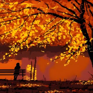 a painting of a person sitting on a bench in front of a tree with yellow leaves Halloween Pixel Art Gif Orange Pixel Art Gif, Autumn Pixel Art Gif, Autumn Pixel Art Aesthetic, saddle brown