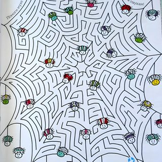 an open book with cartoon characters on the pages and mazes to help kids learn how to Halloween Maze Otomi Embroidery Playmat Spider Maze, Bat Maze For Kids, Spider Web Maze Printable, gainsboro