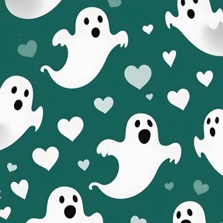 a green background with white ghost and hearts Halloween Spooky Ghost Pattern Ghost Background, Halloween - Ghost Mood - Aqua, Cute Green Halloween, dark slate gray