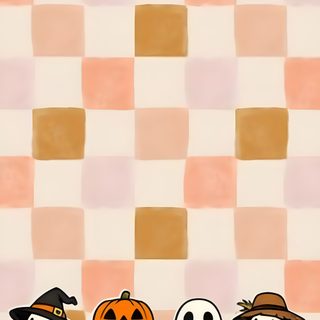 three penguins dressed up as witches and pumpkins on a checkered background with the words boo boo boo boo boo boo boo boo boo boo boo boo boo boo boo Halloween Duck peach puff