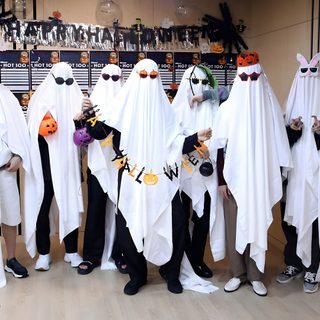 several people in white costumes standing next to each other with halloween decorations on their heads Bts Halloween Laptop Bts Ghost, Bts Pumpkin Painting, Bts Fall Aesthetic, Army Halloween, dark gray