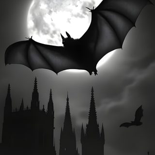 a black and white photo of a bat flying in front of a castle at night Gothic Halloween Bats Black White dark slate gray