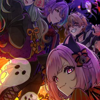 some anime characters standing in front of an orange and purple background with lots of lights Pjsk Halloween Halloween Pjsk Cards, Halloween Emu Otori, Mr Showtime Wxs, dark slate gray