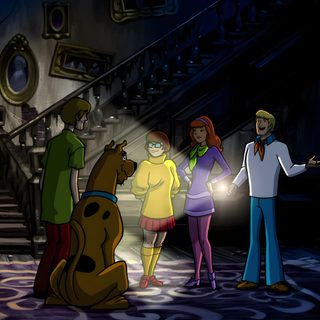 the animated family is talking to each other in front of stairs and staircase railings Scooby Doo Halloween 1920x1080 Animated Mystery Show, Family-friendly Mystery Shows, Halloween Party Decoration Ideas, black