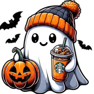a white ghost with a starbucks drink and pumpkins Halloween Starbucks Halloween 2025 Image, Coffee Png, Pumpkin Clipart, Jersey Font, Race Car Party, misty rose