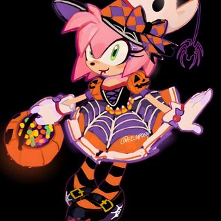 an image of a cartoon character holding a pumpkin in one hand and wearing a witch costume on the other Amy Rose Halloween Goth Amy Rose, Sonic Characters Halloween, Sonic Halloween Pictures, black