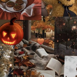 a collage of photos with pumpkins, books and a teddy bear Hyunjin Halloween Halloween, dark olive green