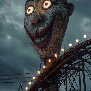 a creepy looking clown head on top of a roller coaster at an amusement park during the night Halloween Roller Coaster Funhouse Horror, Horror Imagery, Creepy Iphone, Scary Iphone, dark slate gray