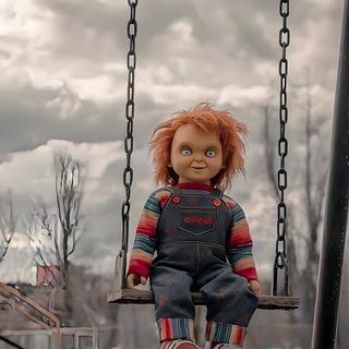 a creepy doll is sitting on a swing Halloween Iphone Chucky Chucky 4k Iphone, Lock Screen Lock Screen Chucky, 4k Chucky, Chucky Doll Iphone, gray