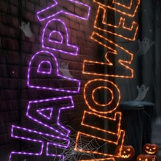 the words happy halloween are lit up in front of a brick wall Neon Aesthetic Halloween dark slate gray