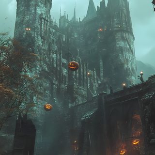 a castle with lots of pumpkins in front of it and some bats flying around Vintage Halloween- Bobcats Castle dark slate gray